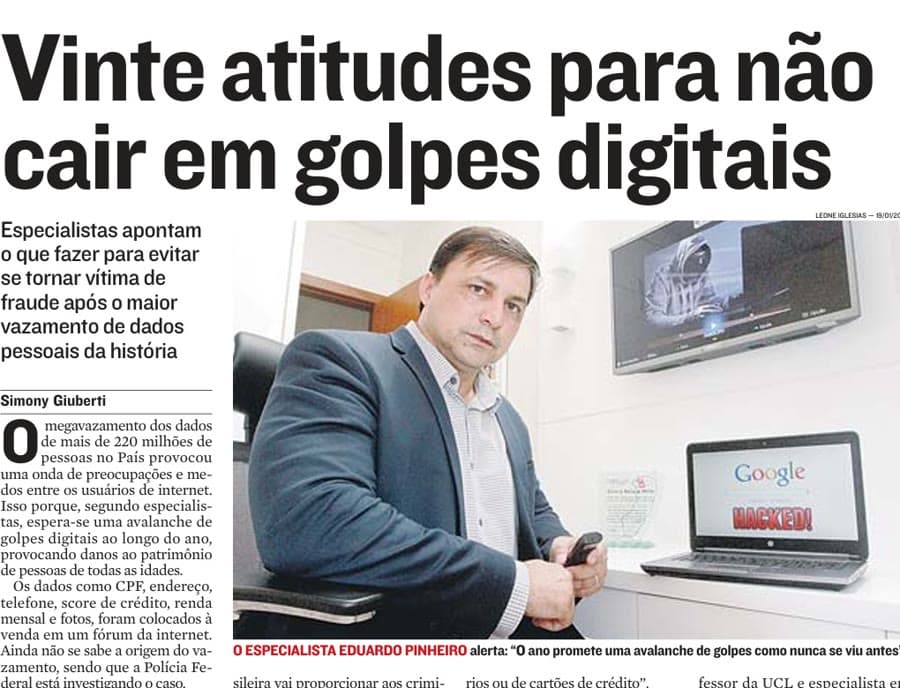 Reportagem do jornal A Tribuna "Vinte atitudes para não cair em golpes digitais", com Eduardo Pinheiro como especialista